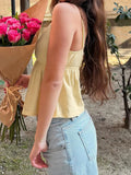 Bonnyshow  Fashion Solid Lace Spliced Women Camisole Tops Summer V-Neck Ruched Causal Sweet Blouses