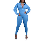 Bonnyshow Women Solid Rib Shirt Jumpsuit Turn Down Collar V Neck Long Lantern Sleeve Slim Casual Overalls Ladies Casual Romper Streetwear