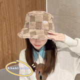 Bonnyshow Winter Bucket Hat for Women Plaid Warm Plush Fisherman Cap Korean Ladies Faux Rabbit Fur Thicken Bob Panama Hats gorro