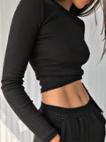 Bonnyshow O Neck Long Sleeve Shirt Women Ribbed Sexy Cropped Tops Spring Black Casual Skinny Slim Basic Woman T Shirts White