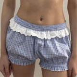 Bonnyshow  Sweet Hot Girl French Plaid Flower Bud Shorts Women's Summer Spliced Lace Edges Slim Versatile Short Pants Female Clothing
