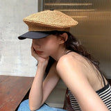 Bonnyshow Summer Straw Weaving Beret Cap Women Vacation Outdoor Beach Straw Hat Adjustable Splicing Hats Elegant French Beret for Women