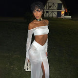 Bonnyshow White Mesh Skirt Set Women Strapless Crop Top and Maxi Skirt Outfits Summer Sexy See Through Club Party Holiday 2 Piece Set