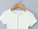 Bonnyshow  Women Hollow out Through Buttons Pearl Knitted Short Sleeve Sweater Crop Pullovers Knitwear All Match Knitting Tops Jumper