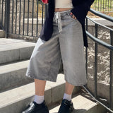 Bonnyshow  Women Long Baggy Jean Shorts Y2k Vintage Straight Leg Casual Knee Length Denim Bermuda Shorts Jorts with Pockets