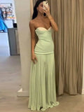 Bonnyshow  Pleated Patchwork Slim Long Women Sleeveless Backless High Waist Sexy Gown Evening Dress Chic Vacation Party Zipper Robe