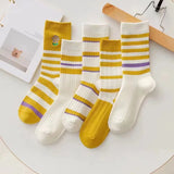 Bonnyshow 5Pairs/Set Cute Flower Striped Women Socks Autumn Winter Cotton Middle Tube Sock Female Girls Yellow Series Casual Sport Socks