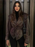 Bonnyshow Casual PU Leather Women's Jacket Fashion Vintage Motorcycle Coat V-neck Lace up Women Coats High Street Ladies Jackets Outwear