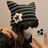 Bonnyshow Y2K Cute Star Devil Knitted Beanies for Women Korean Ins Striped Knitted Skullies Hat Autumn Winter Warm Wool Pullover Cap