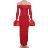 Bonnyshow Red Maxi Christmas Dresss Women Elegant Long Sleeve Slim Dresses Fashion Sexy Off The Shoulder Evening Party Dress 2024