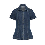 Bonnyshow  Slim Denim Shirt Top Wrap Hip Skirt Set Women Lapel Short Sleeved Fit Commuter Cowboy Short Jacket Coat Cardigan Short Skirts
