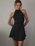 Bonnyshow  Retro Polka Dot Printed Halter Mini Dress Sexy Women Backless Off Shoulder Sleeveless A Line Vestidos Summer Lady Beach Wear