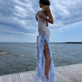 Bonnyshow Ruffle Trim Sequin Split Maxi Dress Blue Sleeveless See Though Sexy Long Dresses Bodycon Flowers Evening Club Party Gown