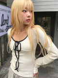 Bonnyshow Women T-shirt Autumn Fashion New Streetwear Bandage Long Sleeves Polka Dot Print O-Neck Tees Lady Versatile Casual Slim T-shirt