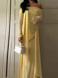Bonnyshow  Solid Off Shoulder Asymmetric Straps Maxi Dress Long Sleeve Fitted Patchwork 2025 Summer Elegant Vestidos Chic Party Lady Robe
