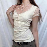 Bonnyshow  Beige Lace Transparent Short Sleeves T-shirt Y2K Aesthetic Fake Buttons Fitted Crop Top Elegant Casual Tee Streetwear