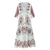 Bonnyshow  Summer Women's Positioning Print Dress Splicing Lace V-neck 3/4 Sleeve Long Dresses Casual Beach Bohemian Holiday Dress