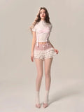 Bonnyshow  Women Summer Half High Collar Short-sleeved Bow Short T-shirts + College Style Girlish Spliced Lace Cake Culottes Two-piece Set