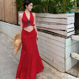 Bonnyshow  Sexy Pleated 2 Piece Suit Women Halter Backless Lace Up Tank Slim Hip Package Long Skirt Female Set Spring Summer Lady Sets