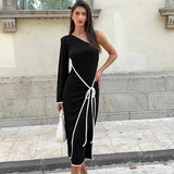 Bonnyshow Women Maxi Dresses New Autumn Solid One Shoulder Sexy Backless Dress Streetwear Fashion Lace-up Slim Lady Elegant Knitted Dress