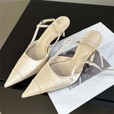 Bonnyshow  High Quality Satin Buckle Strap Women Pumps Sandals Fashion Shallow Thin Heels Pointed Toe Slingback Mules Shoes