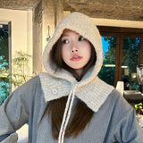 Bonnyshow Fashion Korean Version Balaclava Hat Scarf All-in-One Women Autumn And Winter Warm Earmuffs Hooded Neck Knitted Wool Hat