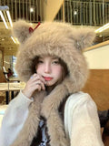 Bonnyshow Korean Bow Plush Bomber Cap Winter Thick Women Keep Warm Windproof Ear Protection Cute Pom-pom Beanie Hat With Lace