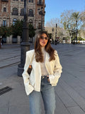 Bonnyshow  Elegant Covered Button Short Women's Jacket Solid V-neck Full Sleeve Pockets Coats Female 2025 Spring Autumn Lady Streetwears