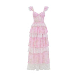 Bonnyshow  Romantic Floral Print Maxi Dress Ruffle Trim Lace Detail Tiered Long Pretty Pink For Women Sleeveless Summer TH9769