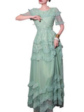 Bonnyshow  Green Short Sleeve Round Collar Tierred Ruffles A Line Dresses For Women 2025 Spring Fashion Female New Dress TH9104