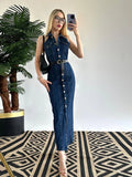 Bonnyshow  Fashion Halter Belt Jeans Long Dress For Women Single Breasted High Waist Slim Maxi Dress Lady 2025 Summer Chic Street Vestidos