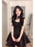 Bonnyshow  Summer French Premium Bow Suspender Birthday Party Dresses Black Sweet High Waist Slim Fit Sleeveless Pleated Short Dress