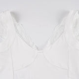 Bonnyshow  Fashion Trendy Solid Simple Causal Women T-Shirts Short Sleeves Slim Fit Lace Spliced Sweet All-Match Blouses