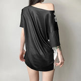 Bonnyshow  Y2k Aesthetic Summer Letter Printing T-shirts Harajuku Patchwork Loose Oversize Tops 2025 Women Harajuku Skew Collar Casual Tees