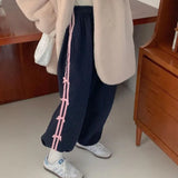 Bonnyshow  Korean Casual Bow Knot Plush Sweatpants Drawstring Striped Jogger Pants Cute Harajuku Trousers High Waist Loose Pants For Women