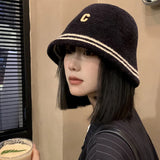 Bonnyshow Winter Lamb Fleece Bucket Hat Women Solid Color Letter Fisherman Cap Korean Wide-brim Windproof Dome Plush Hats