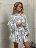 Bonnyshow Casaul Loose Print Women'S Dress Fashion Stand Collar Puff Sleeve Mini Dresses Elegant Lace-Up Pleated Female Dress