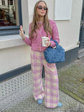 Bonnyshow  Sweet Women Pink Printed Plaid Long Pants Fashion Pockets Button High Waist Straight Trouser Female Spring  High Streetwear