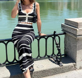 Bonnyshow  Summer Backless Slip Top High Waist Skirt Two Piece Suit Bohemian Holiday Outfits 2025 Knitted Striped Beach Skirt Sets Women