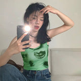 Bonnyshow Summer New 2024 Women Sexy Tank Tops O-Neck Clubwear Fashion Print Sleeveless Green Elegant Slim Knitted Casual Lady Cropped Top
