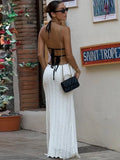 Bonnyshow  Summer Halter Knitted Long Dress Elegant Backless Sleeveless Patchwork Women Maxi Dresses Fashion Deep V Neck Beach Robes