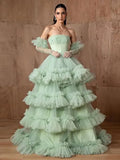 Bonnyshow Beautiful Mini Green Sparkle Beaded Long Evening Dresses With Ruffles Trimmed Details Shiny Squined Princess Long Gons