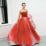 Bonnyshow Amazing Multi Colored Red Tulle Evening Dresses With Oversize Handmade Flower Strapless Puffy Bridal Dress Prom Gowns