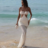 Bonnyshow  Chic Halter Sequined Knitted Patchwork Maxi Dresses Elegant Backless Lace Up Hip Package Long Dress 2025 Summer Lady Beach Robes