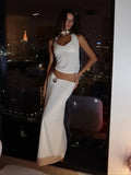 Bonnyshow  Elegant Sequined Patchwork 3 Piece Set Women Basic Scarf+Square Collar Tank Tops+Ruched Long Skirt Matching Trend Suits