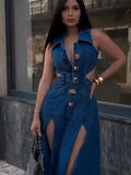 Bonnyshow  Lapel Hollowed Out Women Jeans Dresses Sexy Stand Collar Metal Button Open Waist Sleeveless Split Spring Autumn Lady Denim Dress
