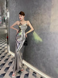 Bonnyshow Metallic Shiny Sling Long Dresses For Women Sleeveless Party Sexy Club Night Fashion Dress O Neck 2023 New Summer Dress Backless