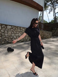 Bonnyshow  Elegant Women Short Sleeve Midi Dress New Spring Summer Sexy Round Neck Draped High Waist Robe Office Party Long Dresses