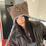 Bonnyshow Y2k Star Beanie Bag and Hat Dual Use Vintage Women Spring Hollow Knitted Thin Wool Earflap Hat Ears Pointed Pullover Women Cap