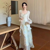Bonnyshow  Two-Piece Set Gentle Lotus Leaf Design Niche Long-Sleeved Shirt Top Floral Skirt Spring Autumn New Waist-Hugging Slimming Suit
